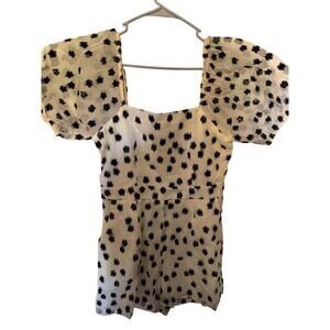 Puff Sleeve Square Neck Floral Dot Sheer Romper Black Beige Cream